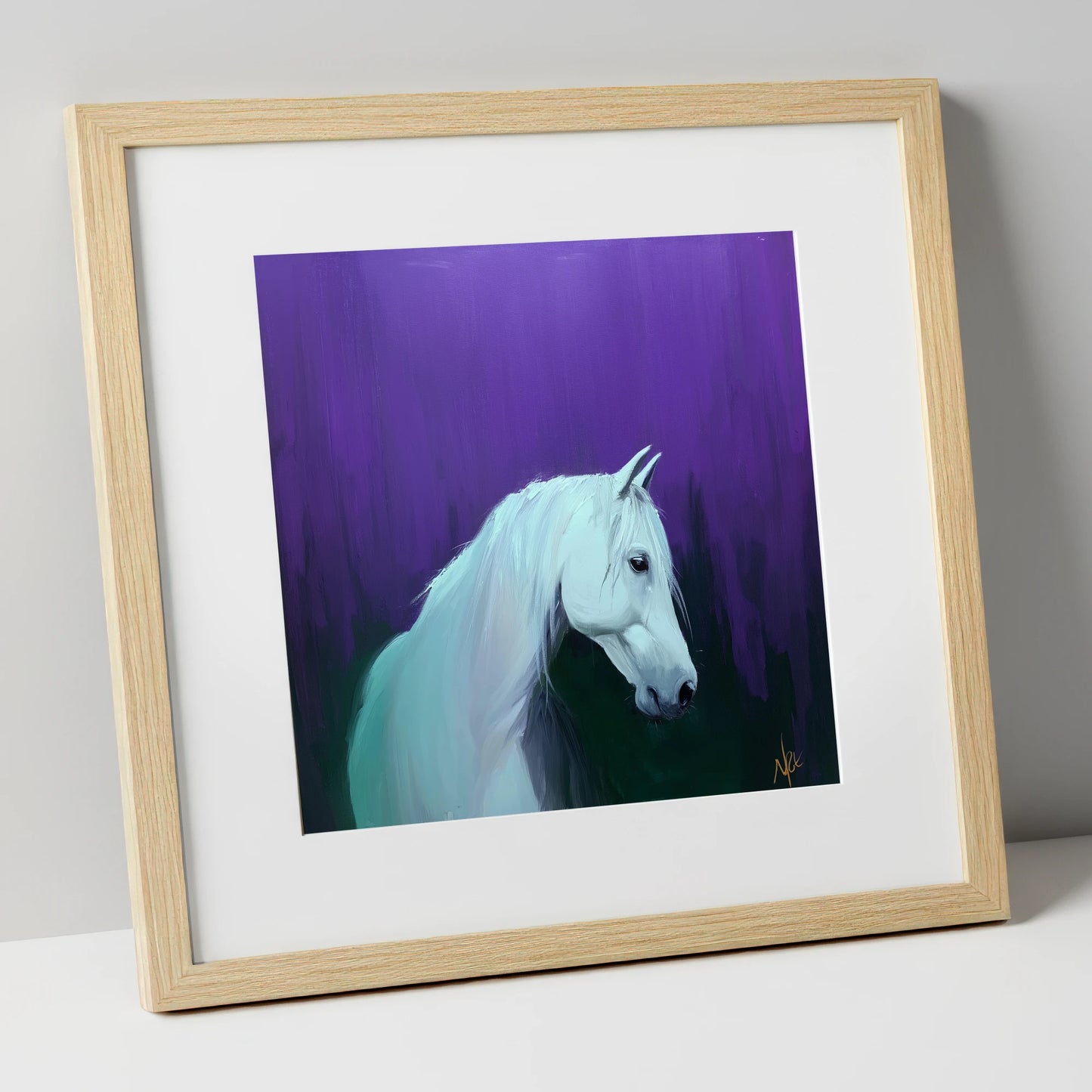 Ethereal Grey in Violet horse breed art print in natural frame