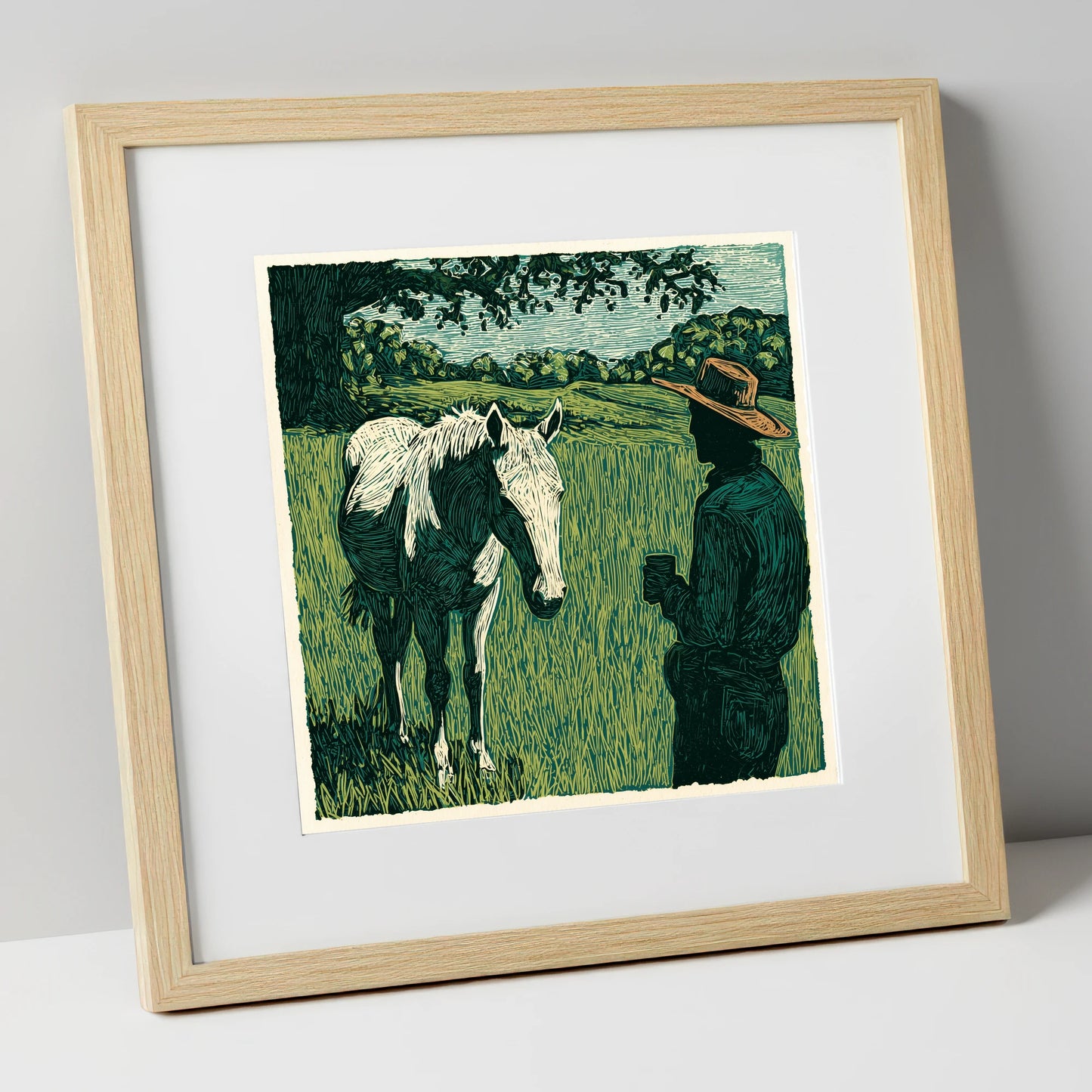 Morning Field Companion horse & rider art print in natural frame