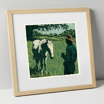 Morning Field Companion horse & rider art print in natural frame