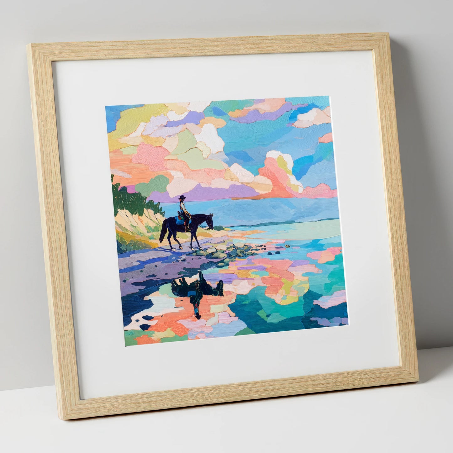 Technicolour Tide beach horse art print in natural frame
