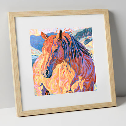 Horse in Vibrant Mountain Snow horse breed art print in natural frame