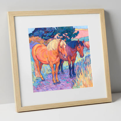 Sunset Pasture Companions horse landscape art print in natural frame