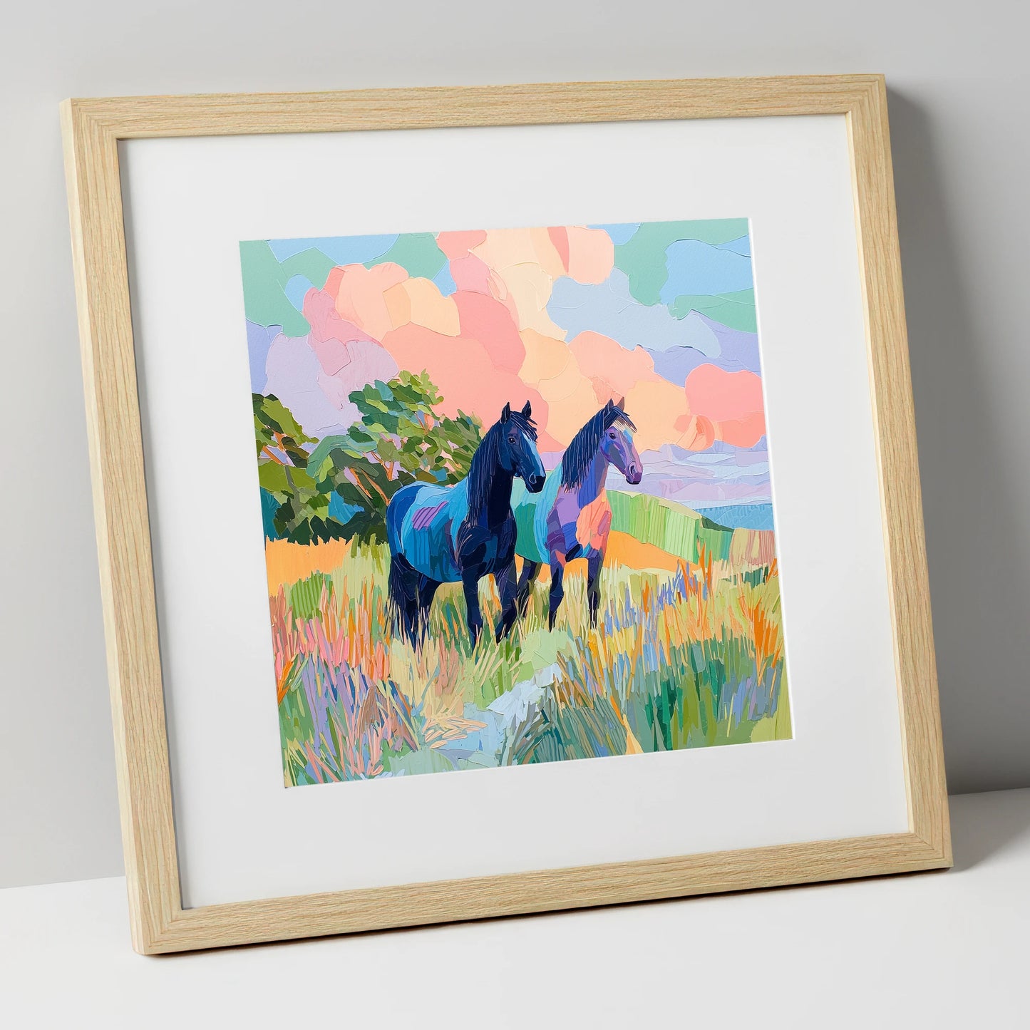 Pastures in Pastel horse landscape art print in natural frame