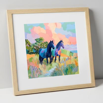 Pastures in Pastel horse landscape art print in natural frame