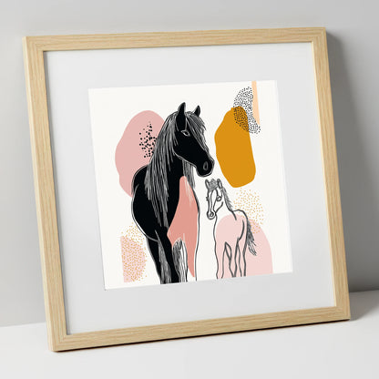 Contemporary Equine Bond mare & foal art print in natural frame