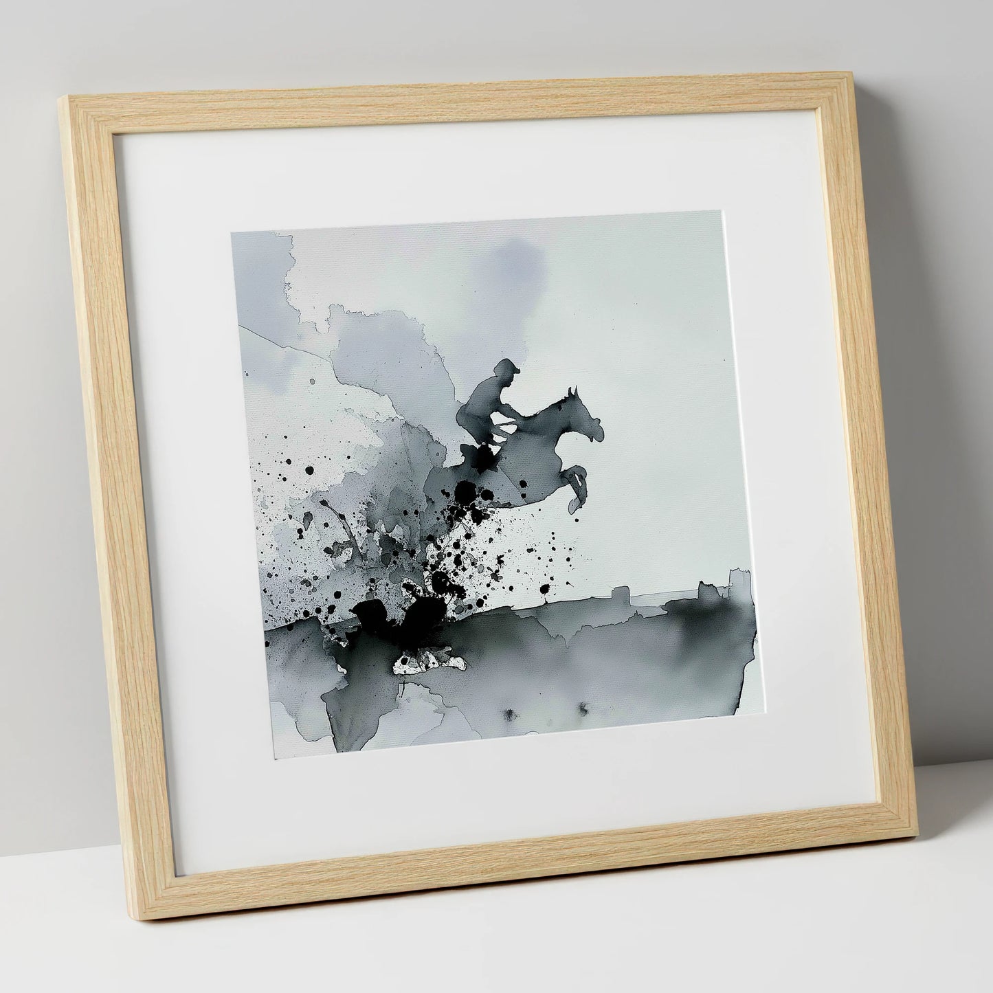 Monochrome Momentum show jumping horse art print in natural frame
