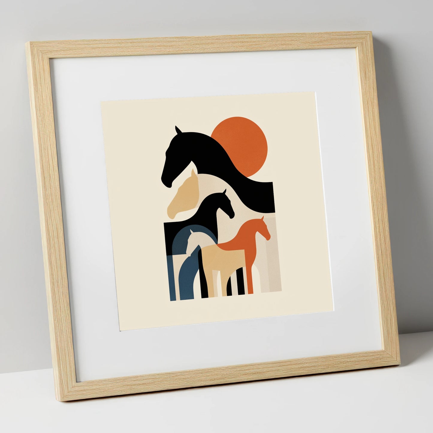 Retro Equine Silhouettes wild horses art print in natural frame