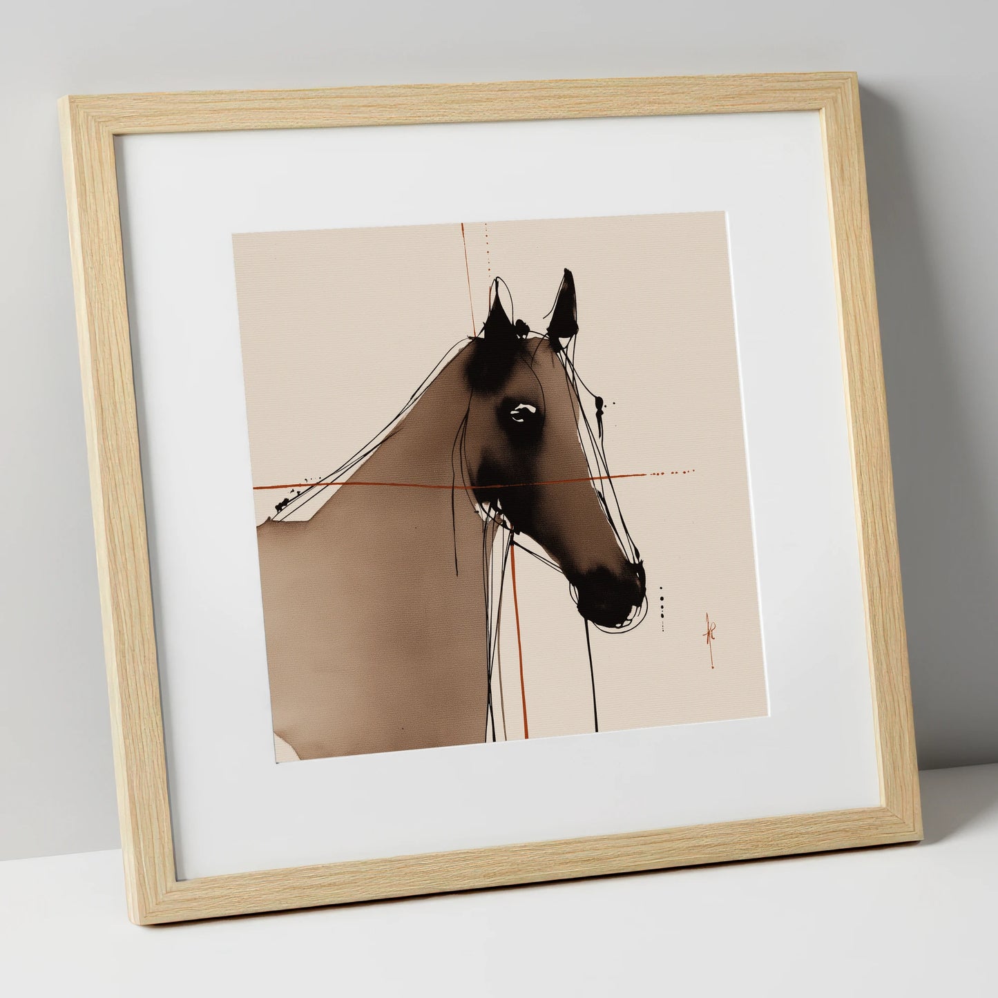Sepia Equine Silhouette horse portrait art print in natural frame