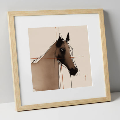 Sepia Equine Silhouette horse portrait art print in natural frame