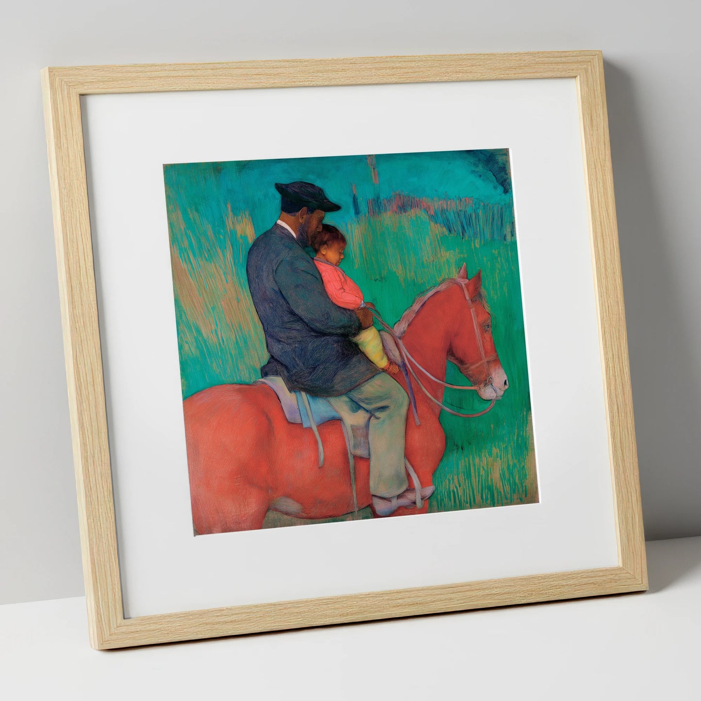 The Shared Ride horse & rider art print in natural frame
