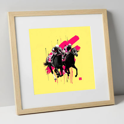 High Stakes Sprint racing horse art print in natural frame
