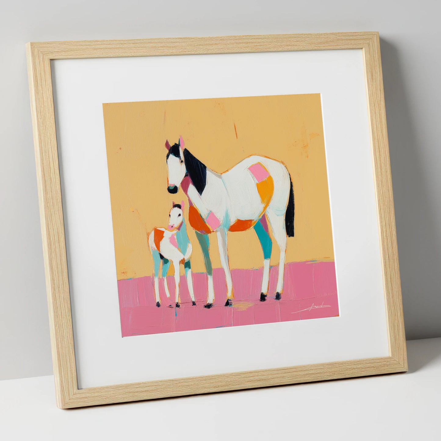 Vibrant Geometric Bond mare & foal art print in natural frame