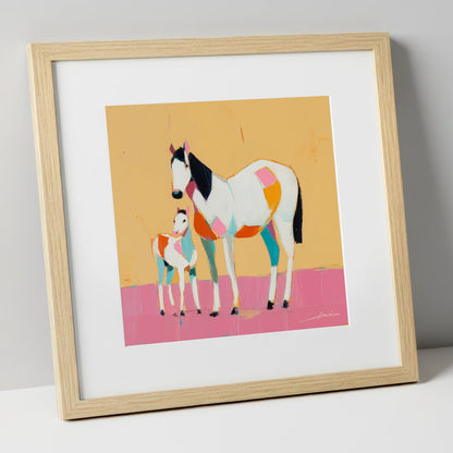 Vibrant Geometric Bond mare & foal art print in natural frame