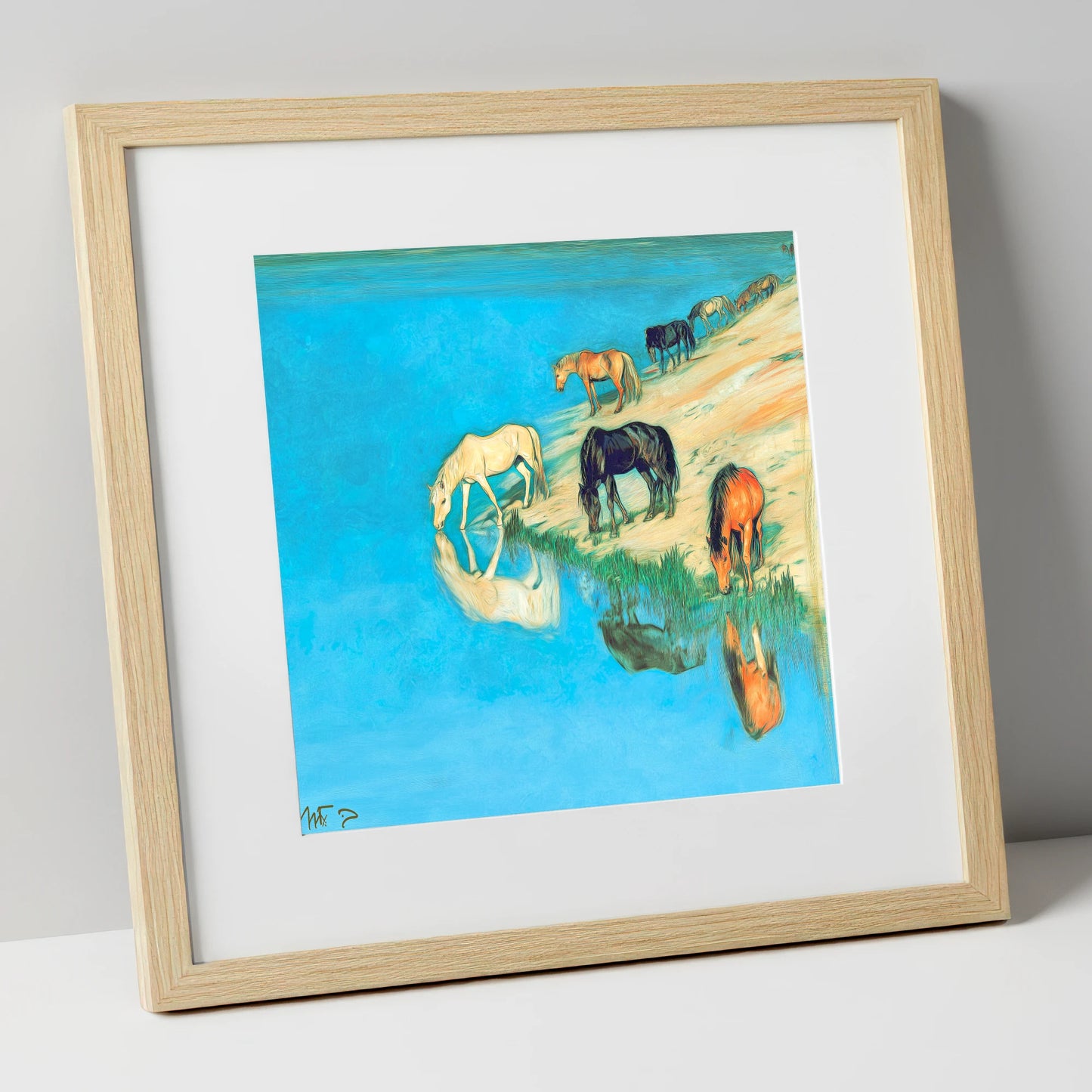 Azure Bank Reflections wild horses art print in natural frame