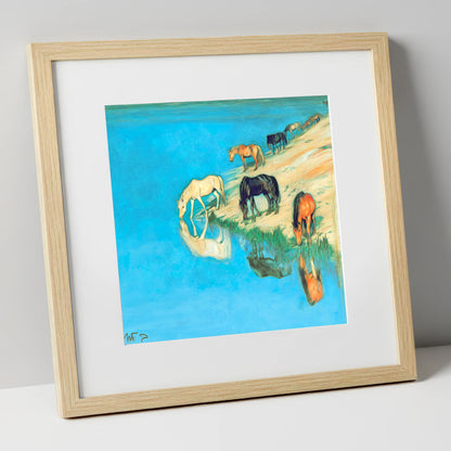 Azure Bank Reflections wild horses art print in natural frame