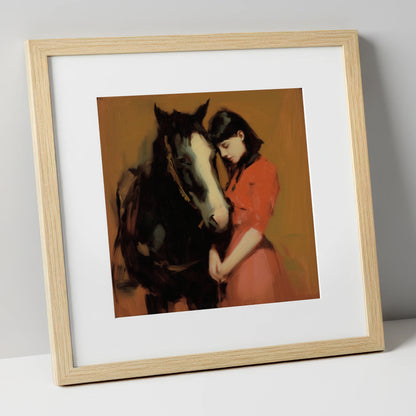 The Quiet Connection horse & rider art print in natural frame