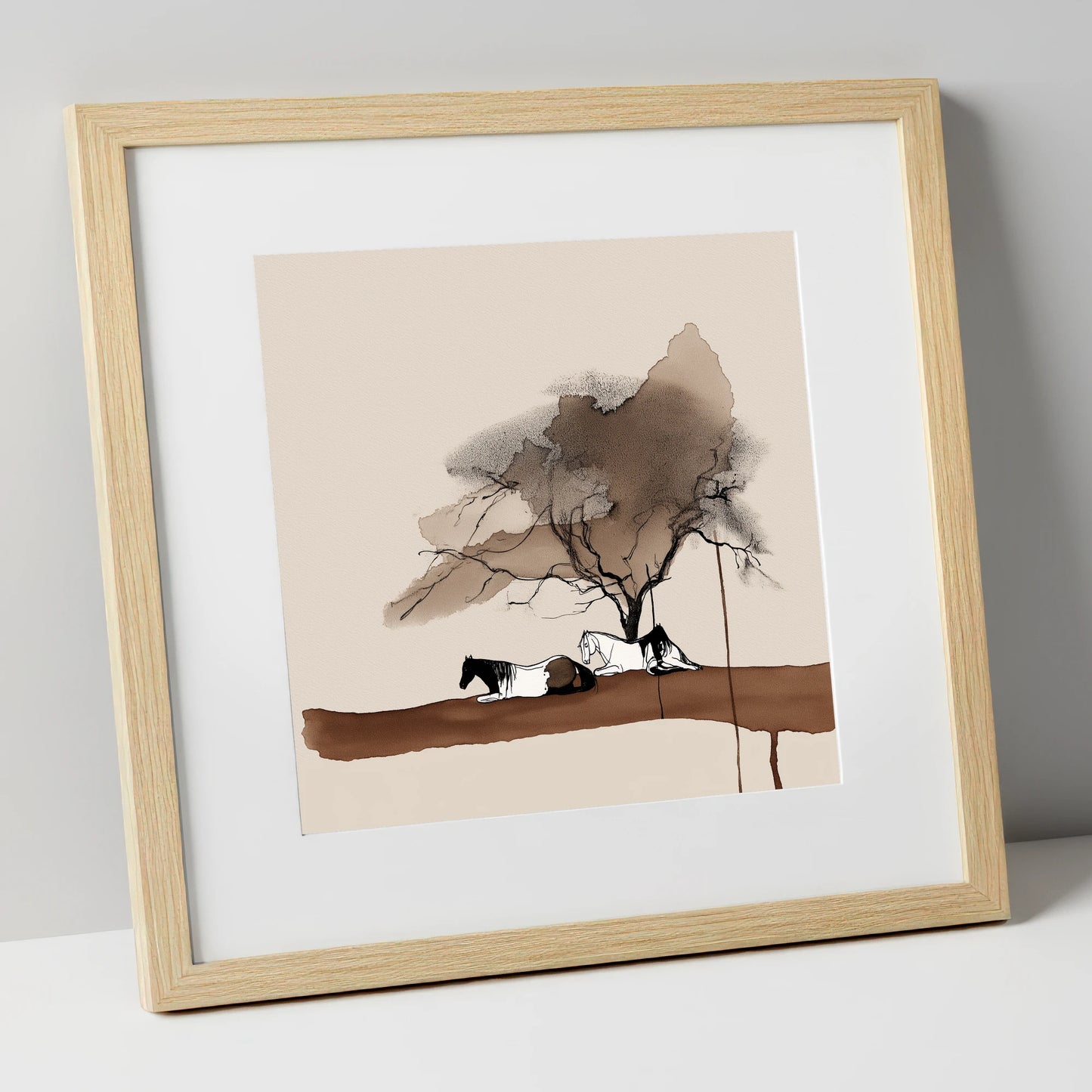 Resting Under the Canopy horse landscape art print in natural frame