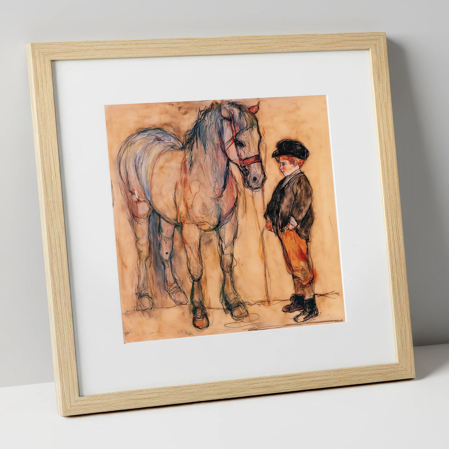 A Quiet Understanding horse & rider art print in natural frame