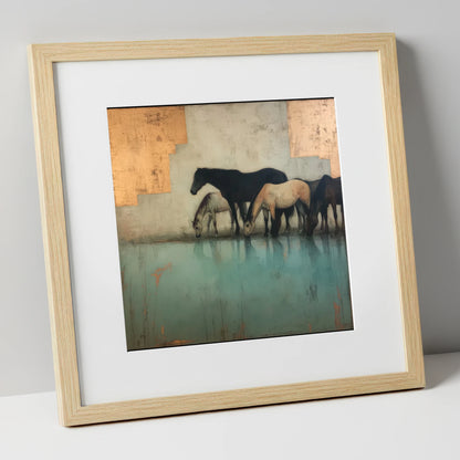 Gilded Herd Reflections wild horses art print in natural frame