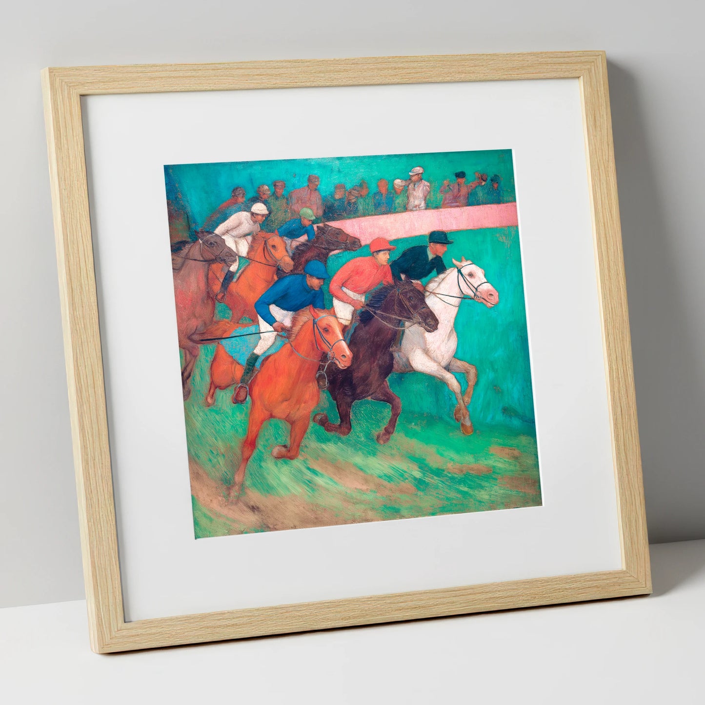 The Vibrant Furlong racing horse art print in natural frame