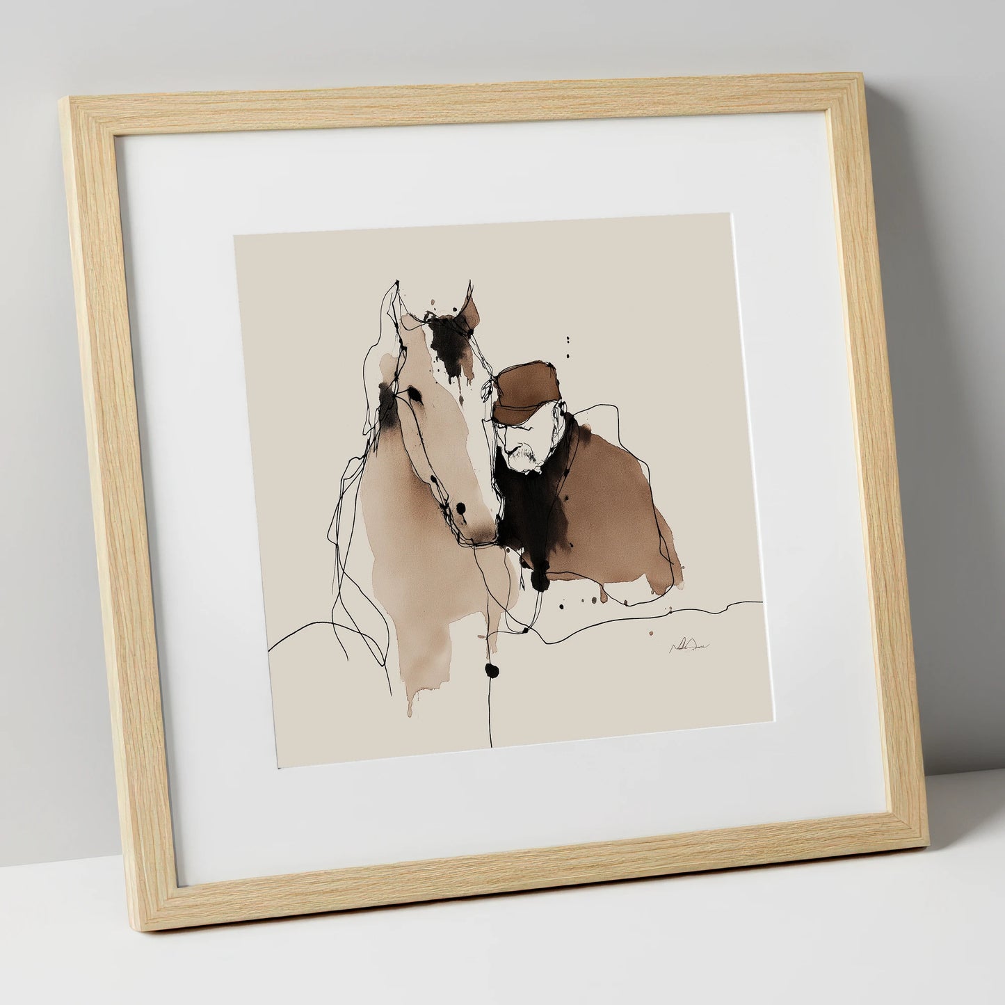 Silent Companions horse & rider art print in natural frame