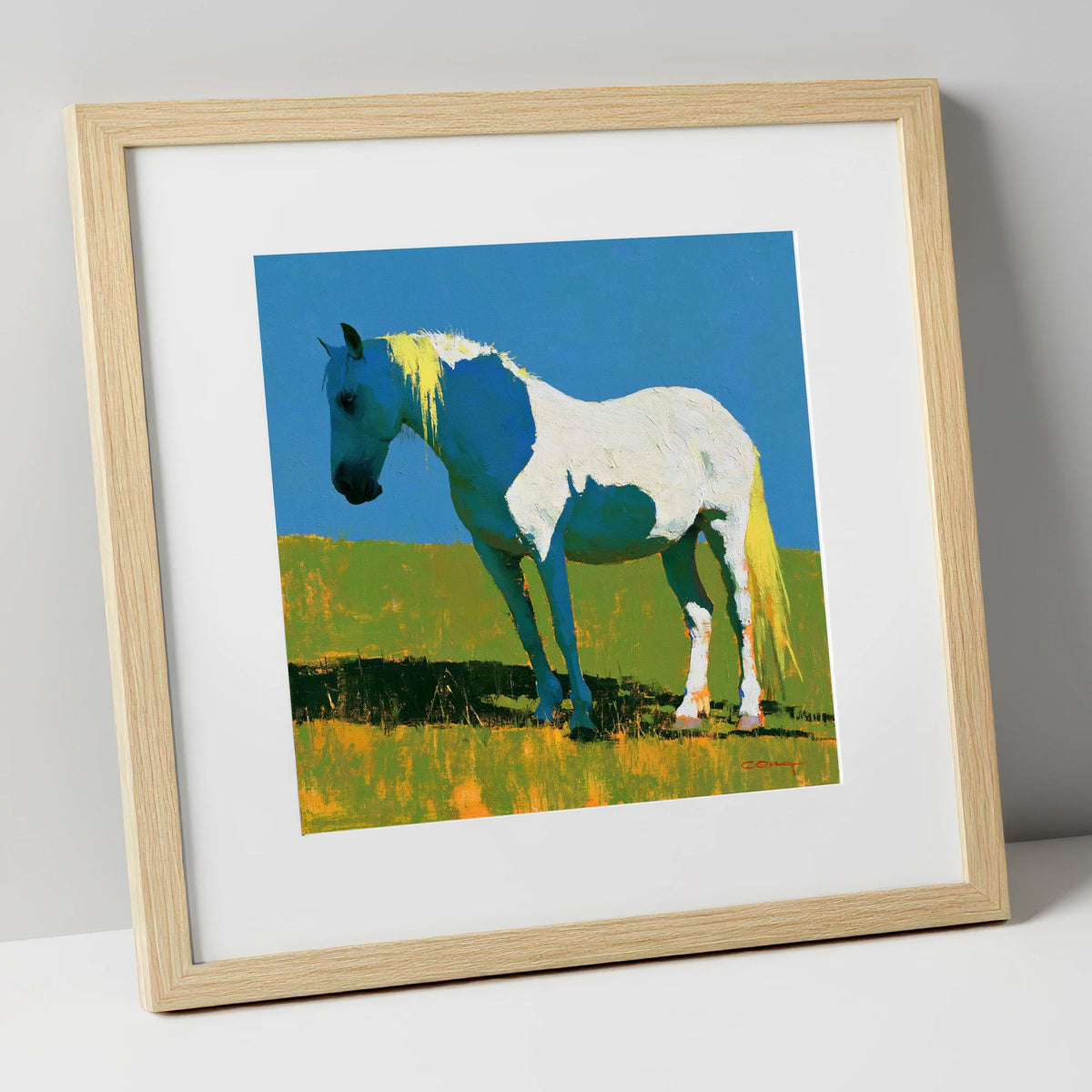 White Horse With Indigo Shadows horse breed art print in natural frame