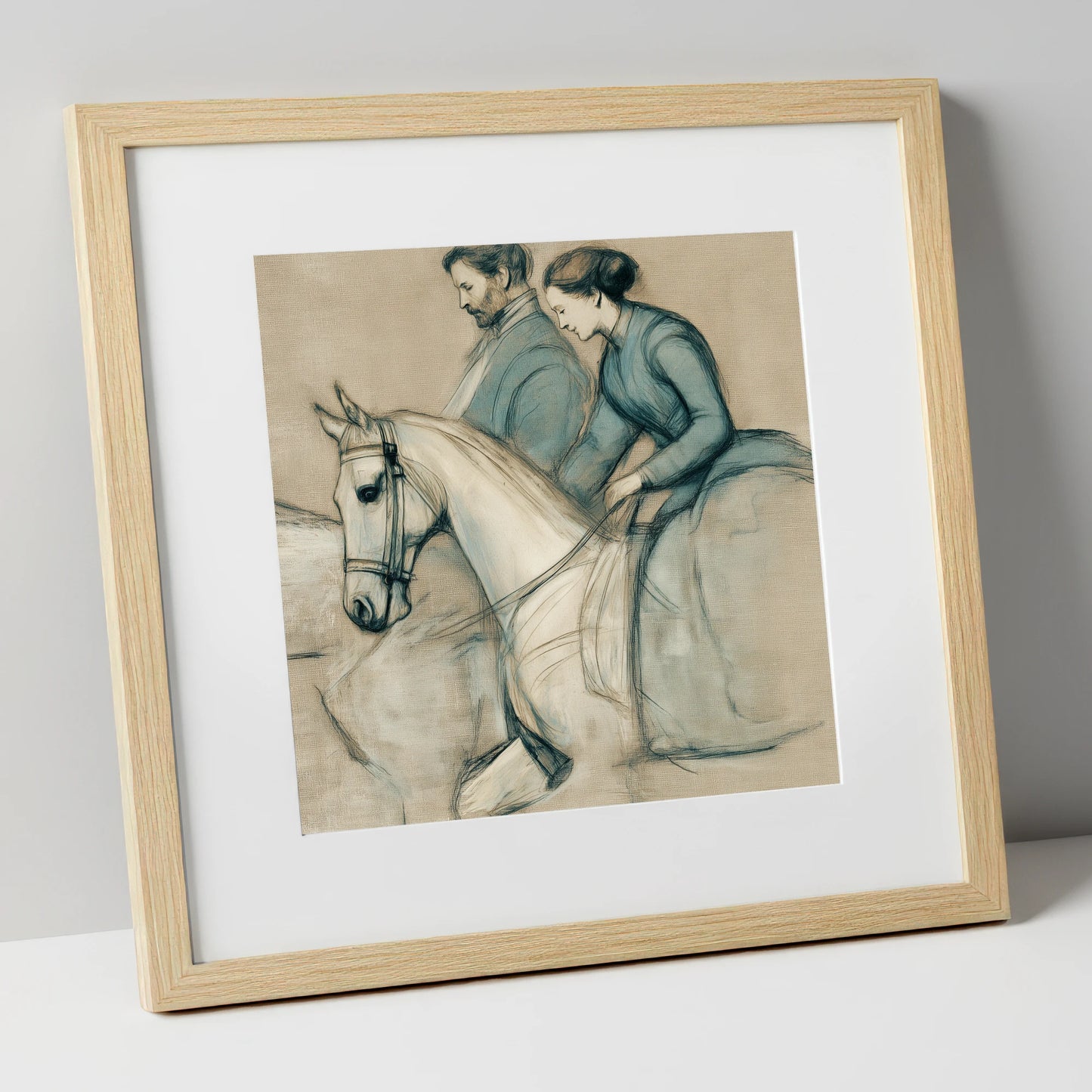 The Shared Journey horse & rider art print in natural frame