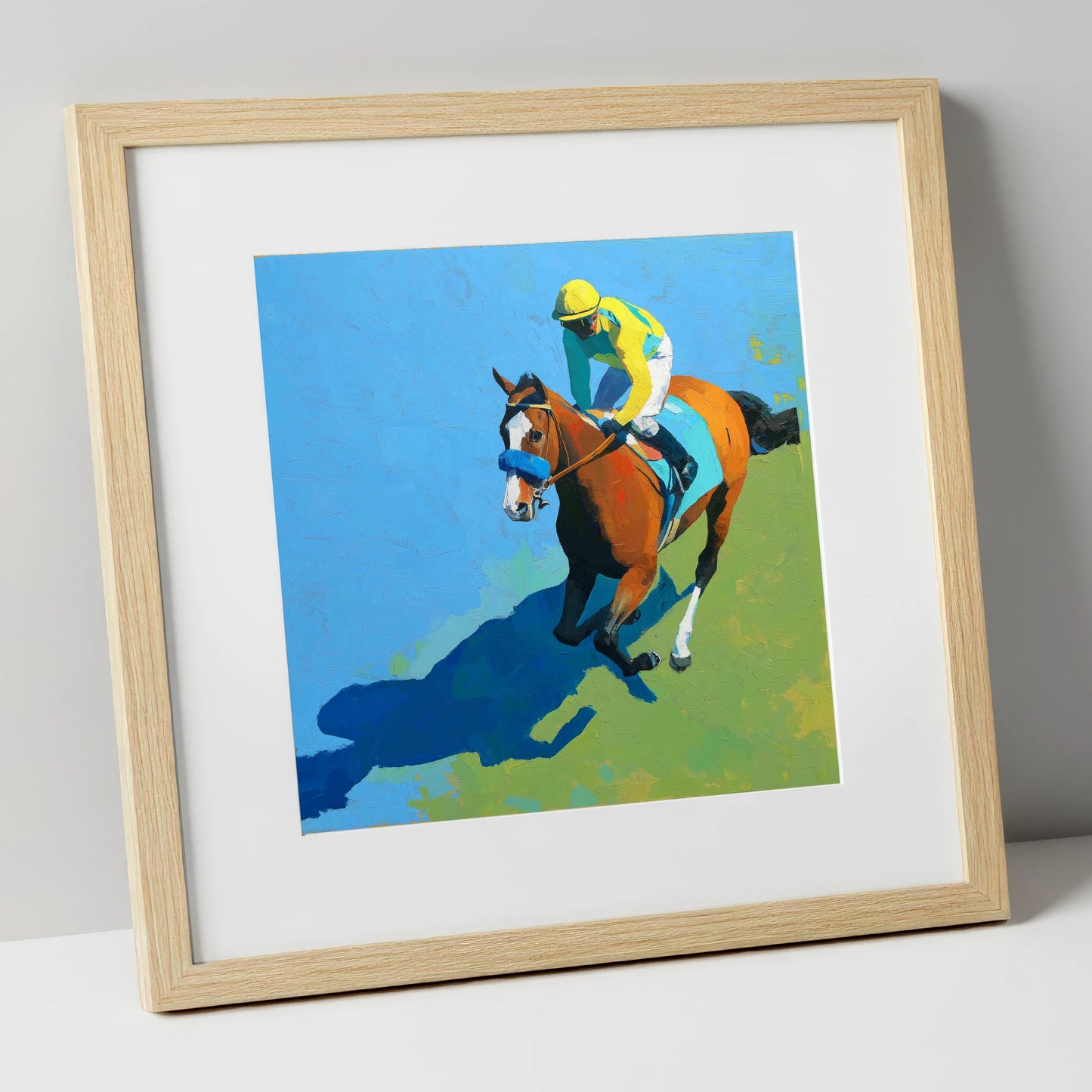 Flight and Shadow racing horse art print in natural frame