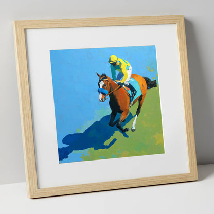 Flight and Shadow racing horse art print in natural frame
