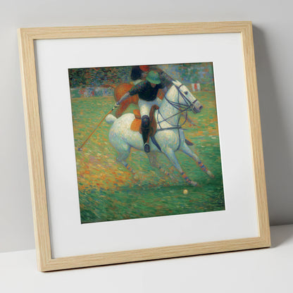 Luminous Polo Charge polo horse art print in natural frame