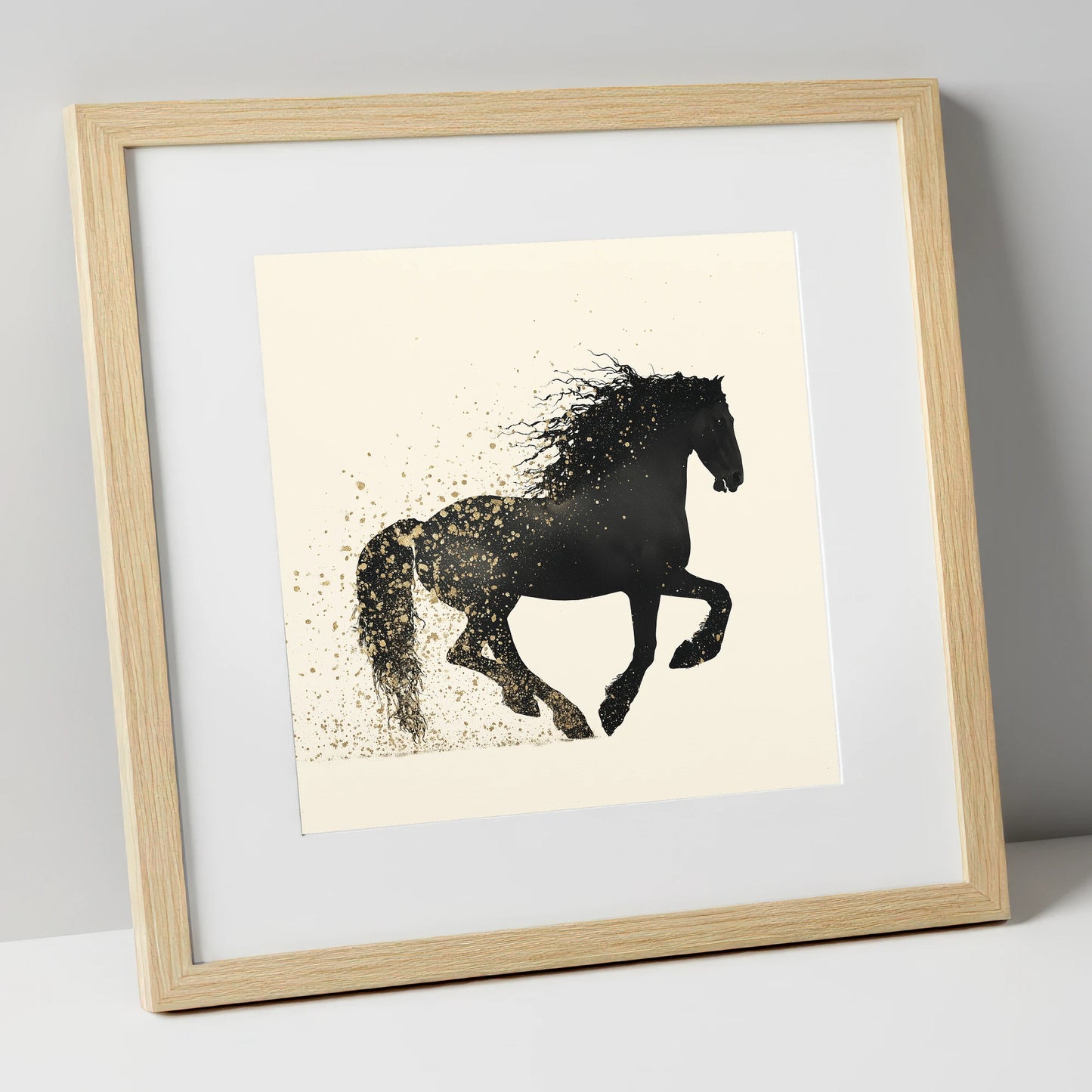 Midnight Gold Friesian horse breed art print in natural frame