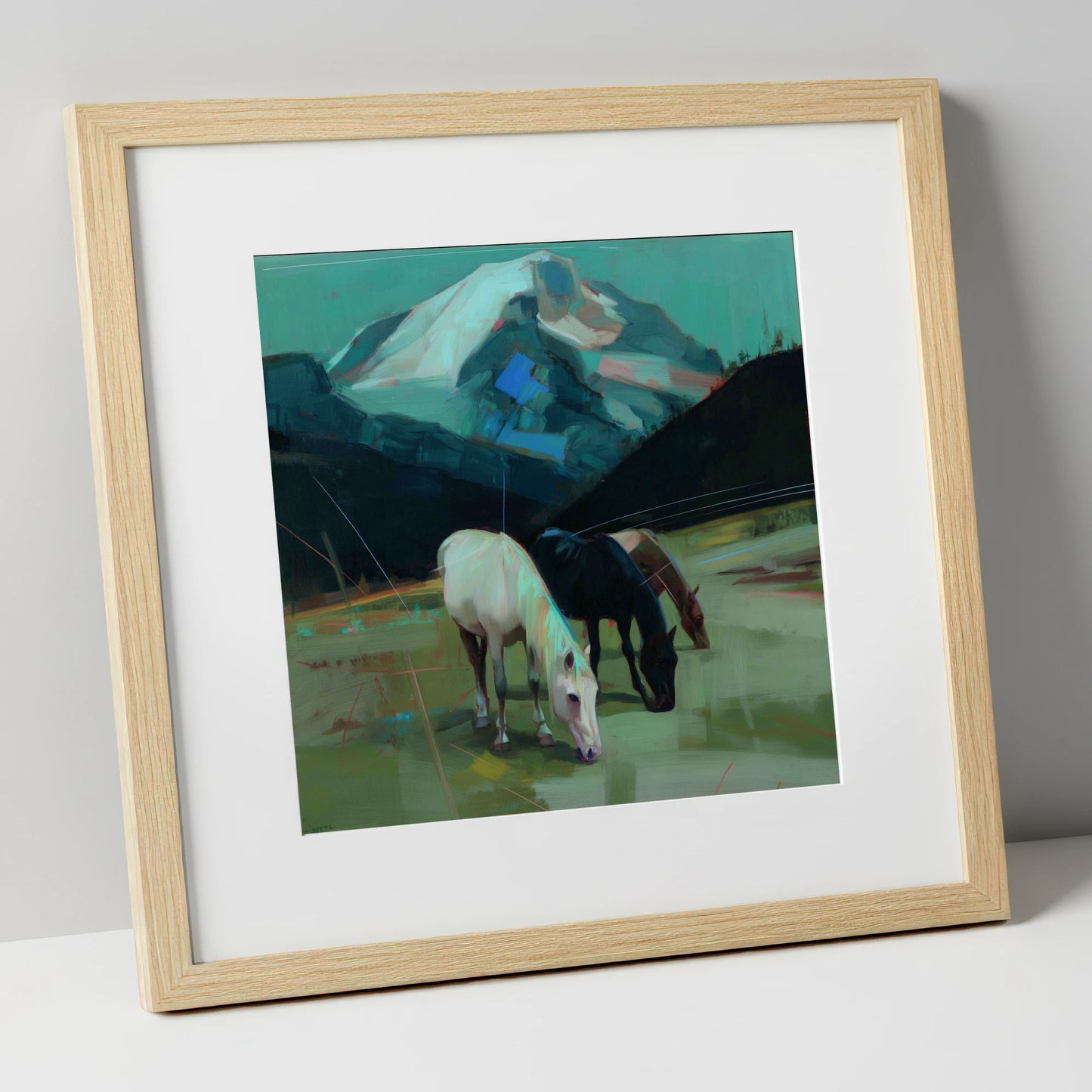 Teal Mountain Pasture horse landscape art print in natural frame