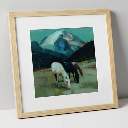 Teal Mountain Pasture horse landscape art print in natural frame