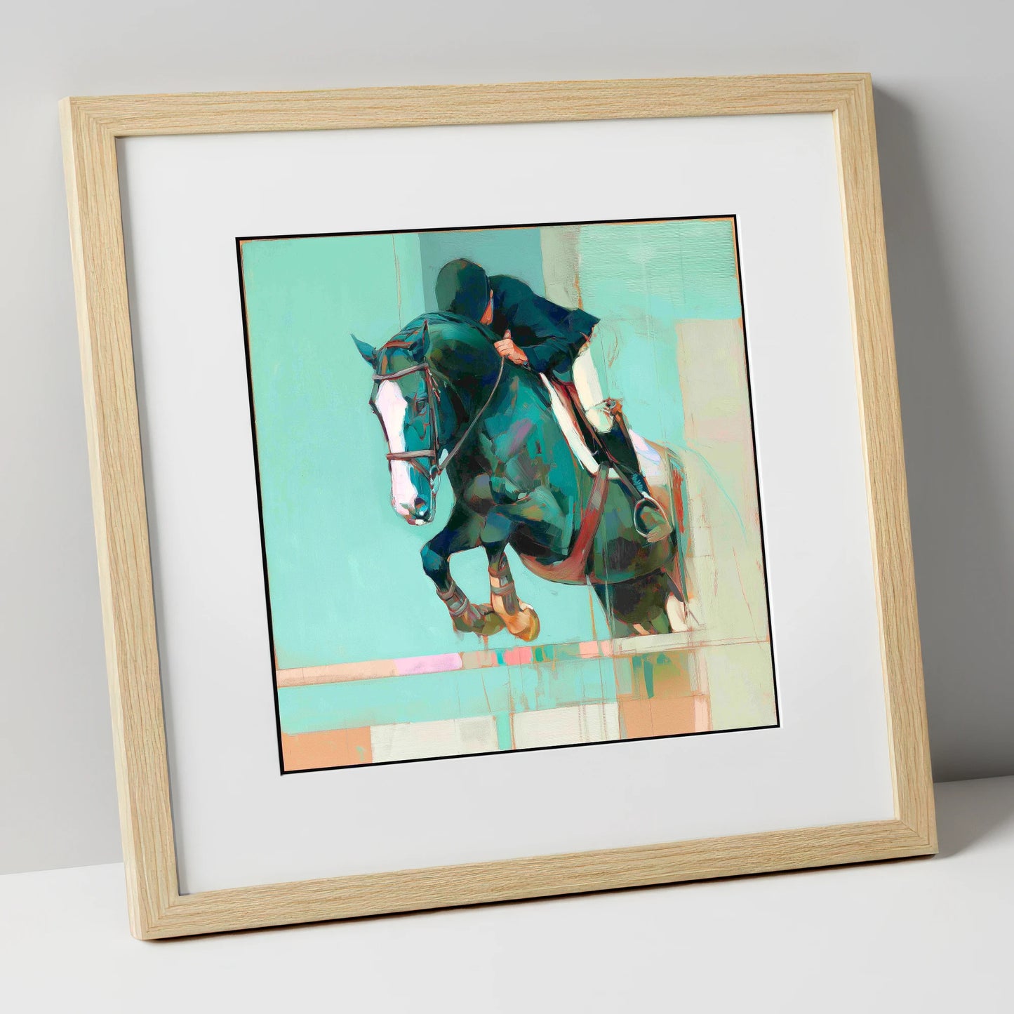 Suspended in Teal show jumping horse art print in natural frame