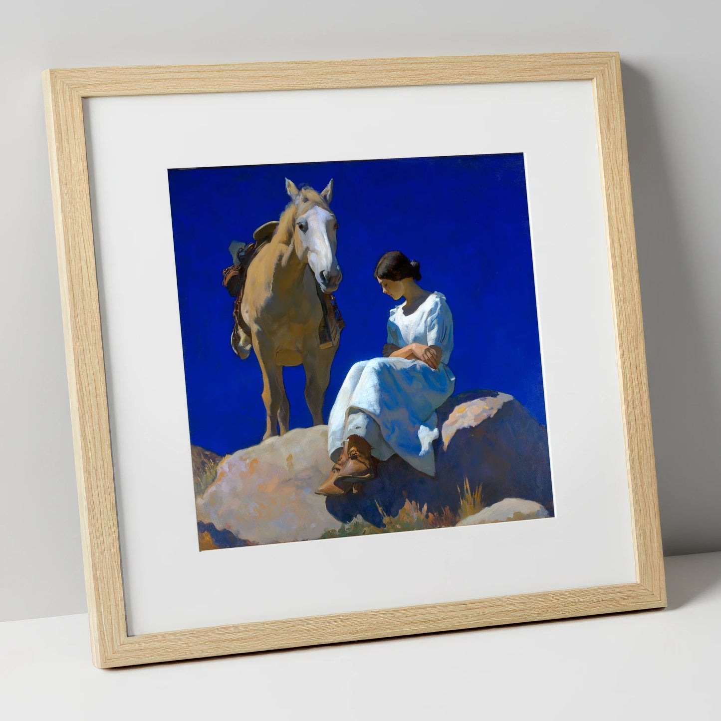 Beneath Azure Skies horse & rider art print in natural frame