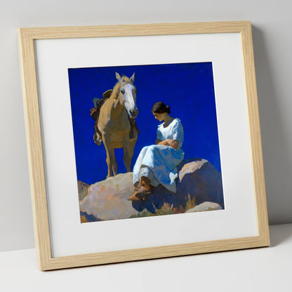 Beneath Azure Skies horse & rider art print in natural frame