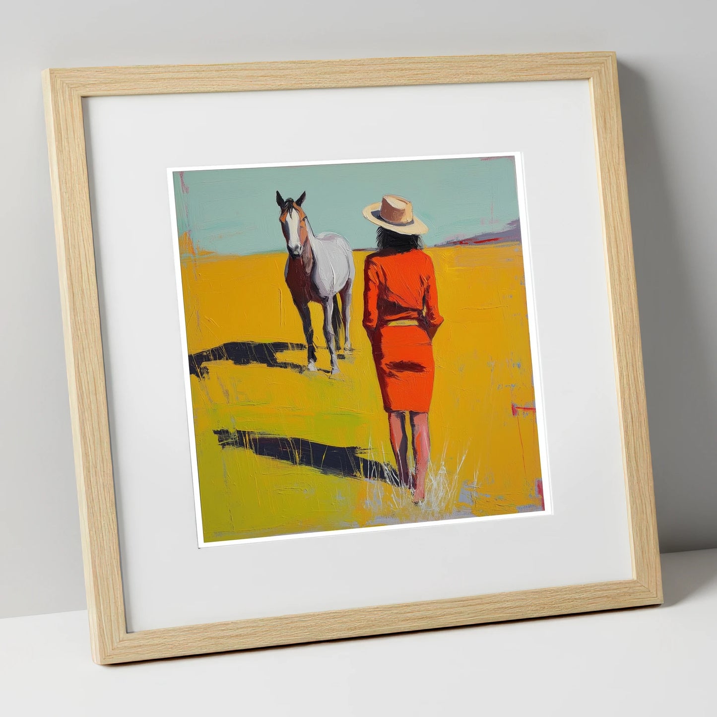 Sunlit Connection horse & rider art print in natural frame