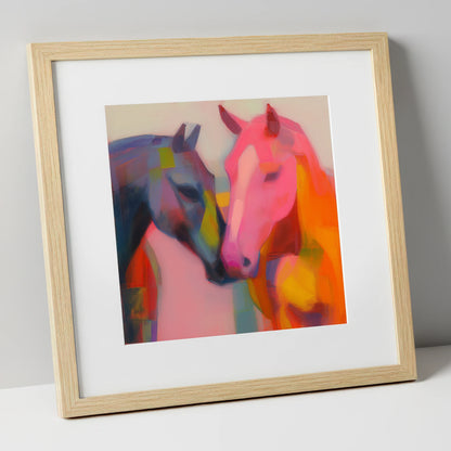 Vibrant Companions horse portrait art print in natural frame