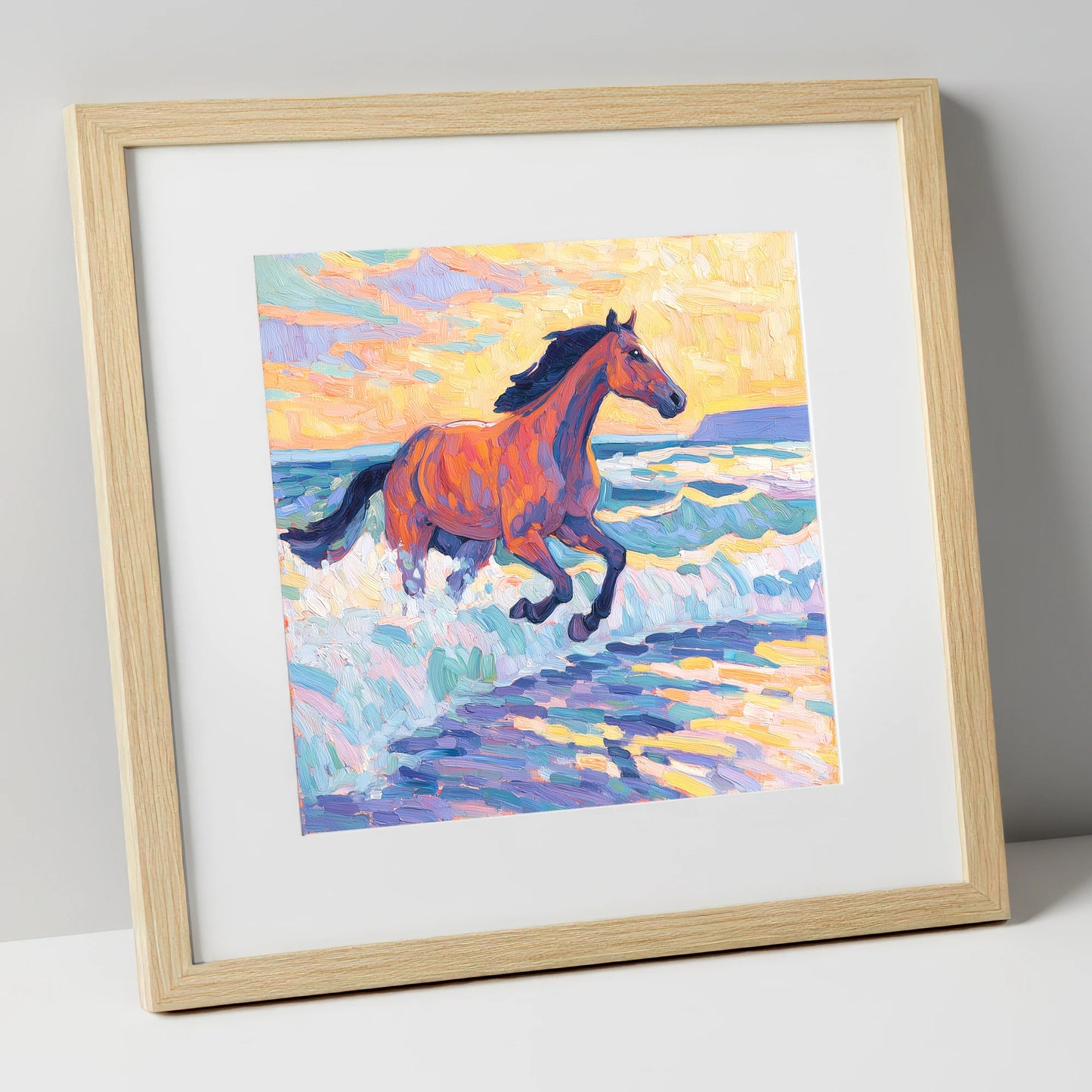 Painted Tide Canter beach horse art print in natural frame