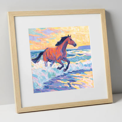 Painted Tide Canter beach horse art print in natural frame