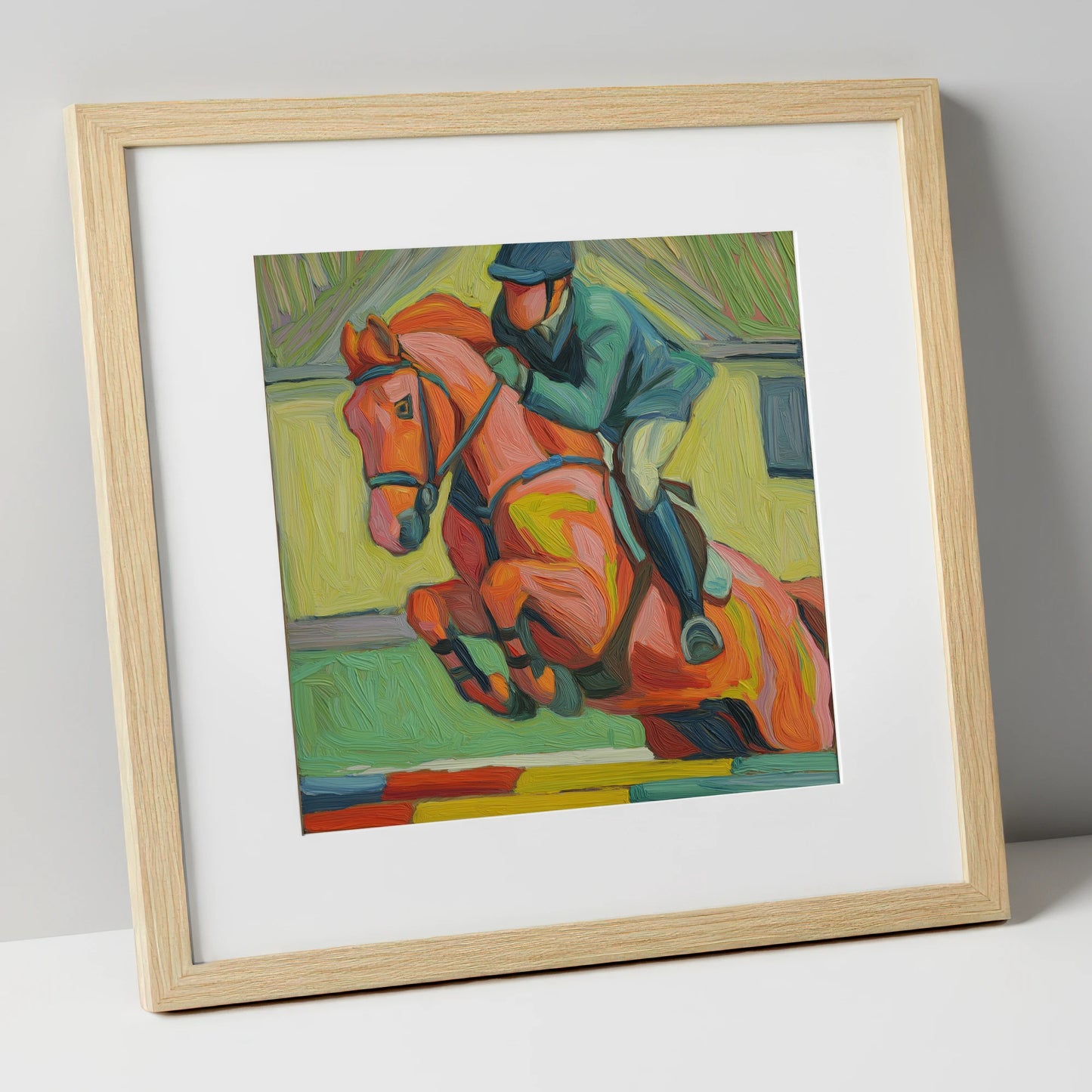 Clearing the Coloureds show jumping horse art print in natural frame