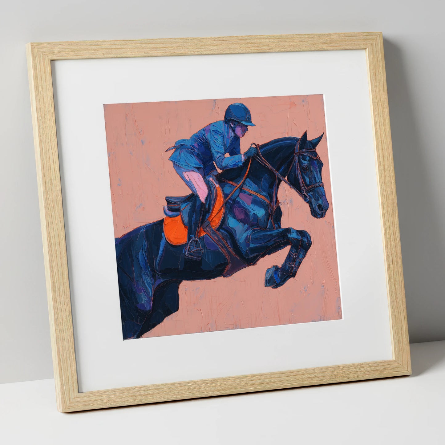 Indigo Ascending show jumping horse art print in natural frame
