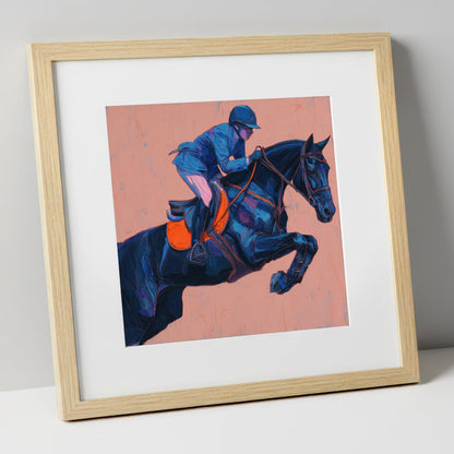 Indigo Ascending show jumping horse art print in natural frame