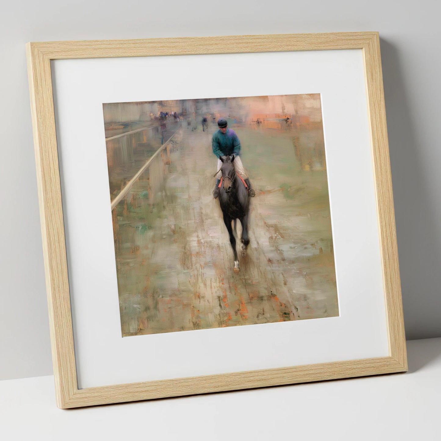 Dawn on the Turf racing horse art print in natural frame