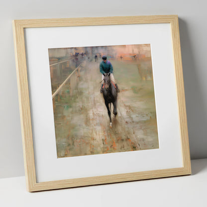 Dawn on the Turf racing horse art print in natural frame
