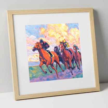 Thundering Sunset racing horse art print in natural frame
