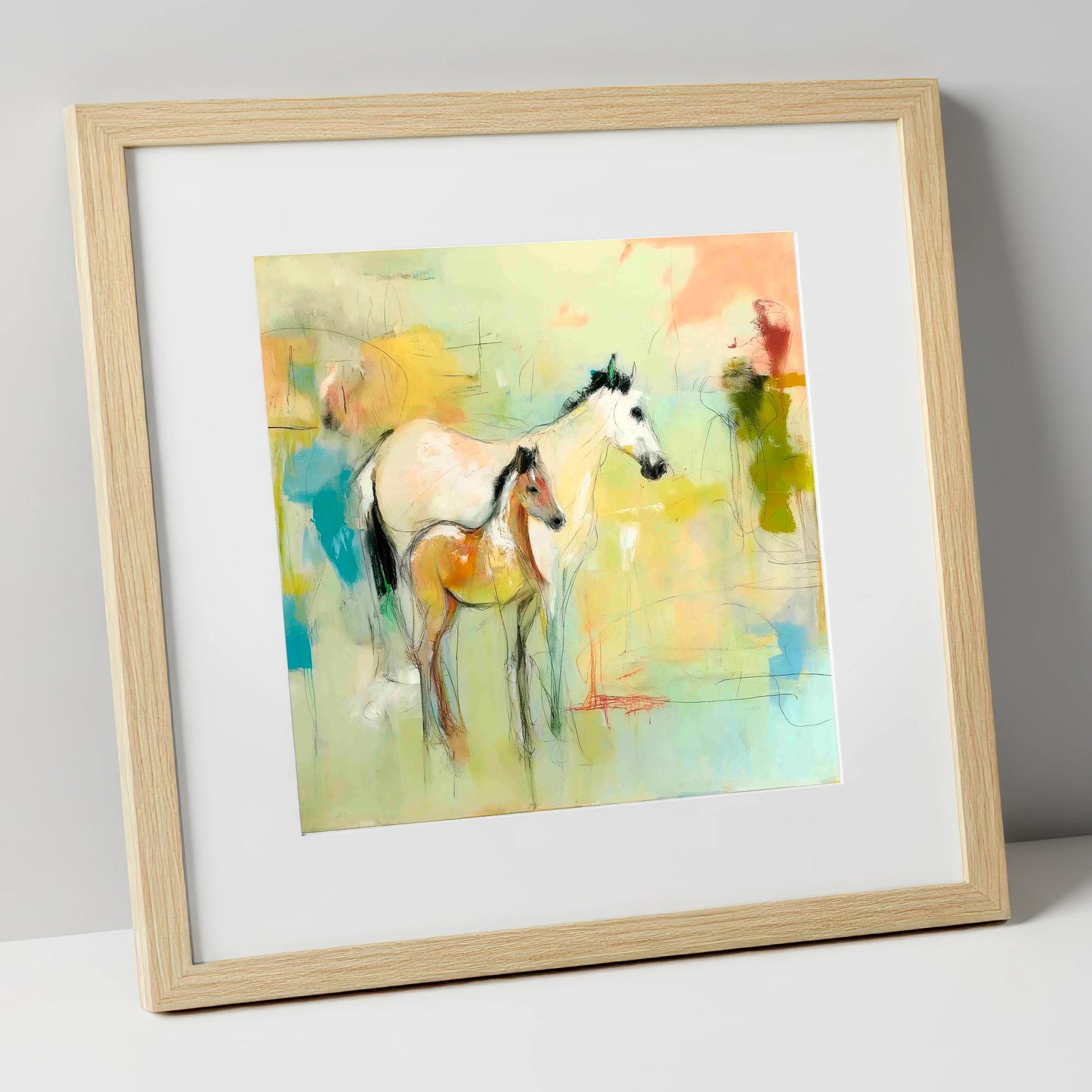 Ethereal Mare and Foal mare & foal art print in natural frame