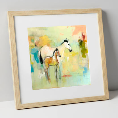 Ethereal Mare and Foal mare & foal art print in natural frame