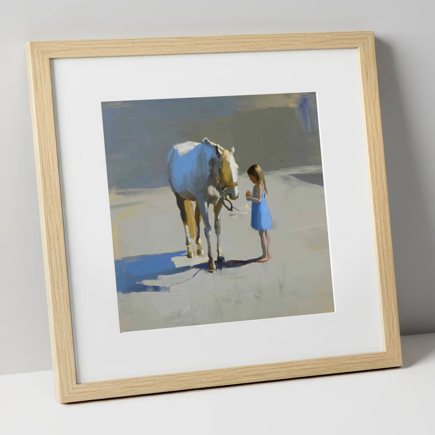 Sunlit Trust horse & rider art print in natural frame