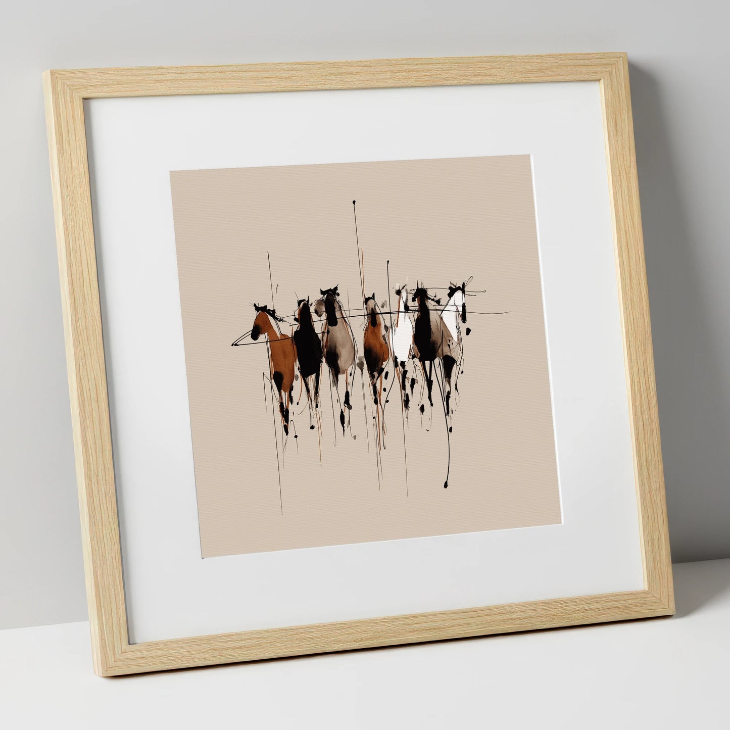 The Fluid Herd wild horses art print in natural frame